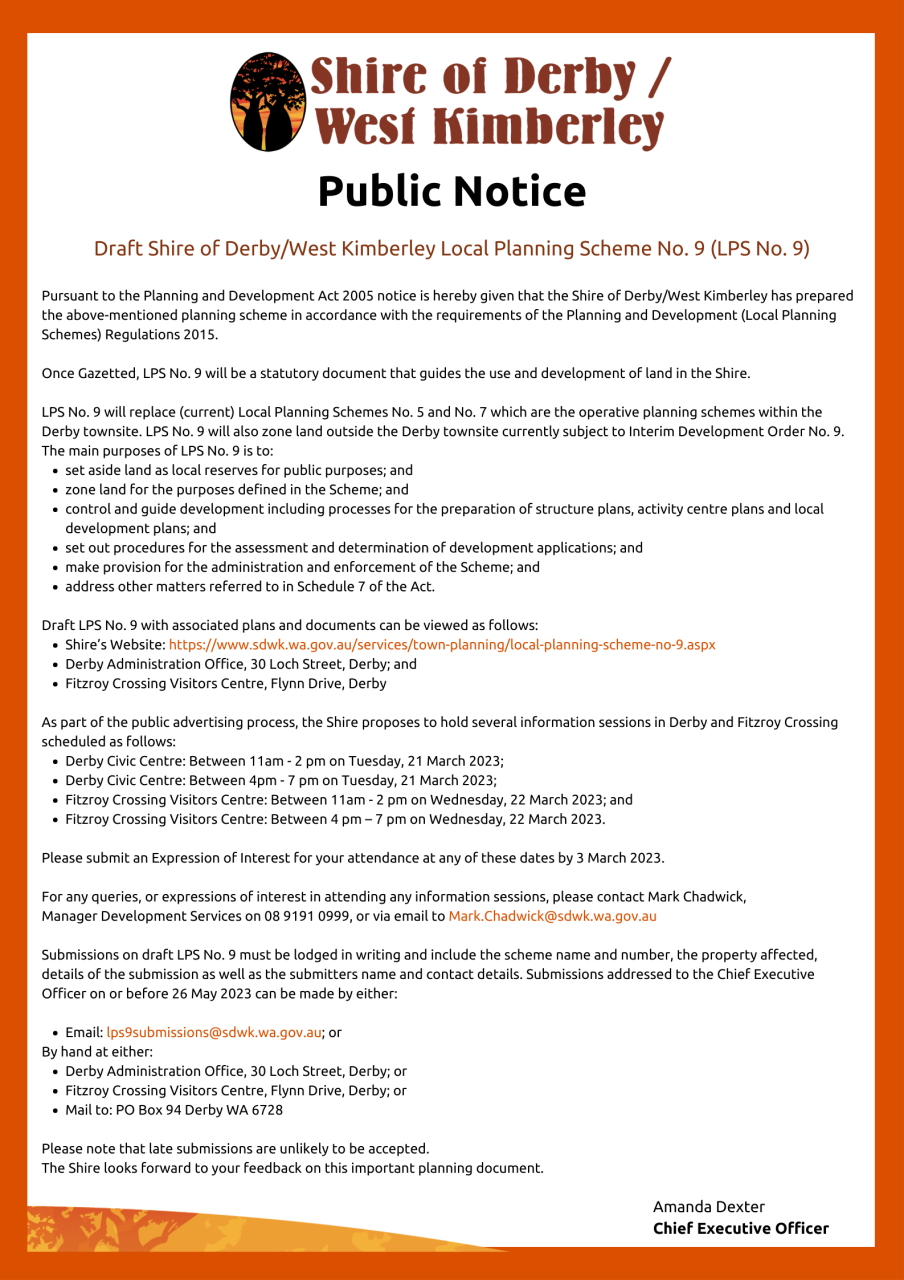 Public Notice - Draft Shire of Derby/West Kimberley Local Planning Scheme